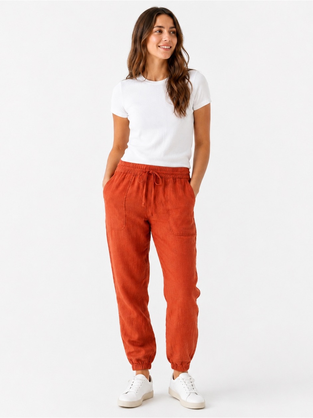 Athleta 100% Linen Joggers Women’s Size 2 Orange Casual Elastic Waist Pants